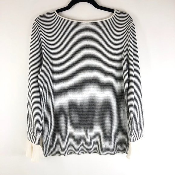 Ann Taylor LOFT Womens Sweater Boat Neck Ruffle Sleeve Striped Black White L - Picture 2 of 5